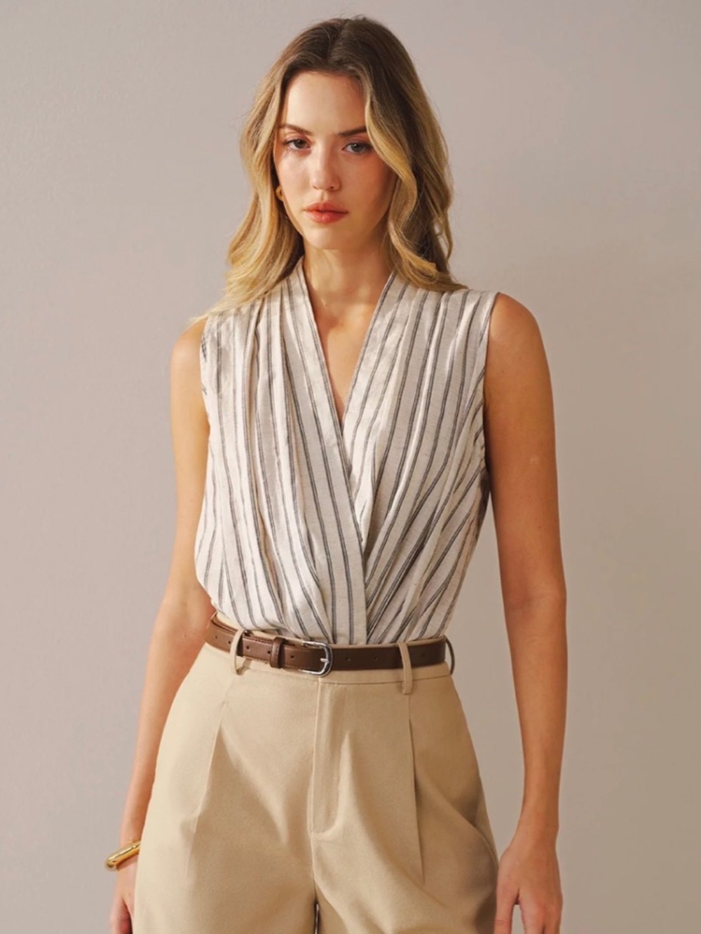 Cotton Linen Striped Sleeveless Wrap Bodysuit